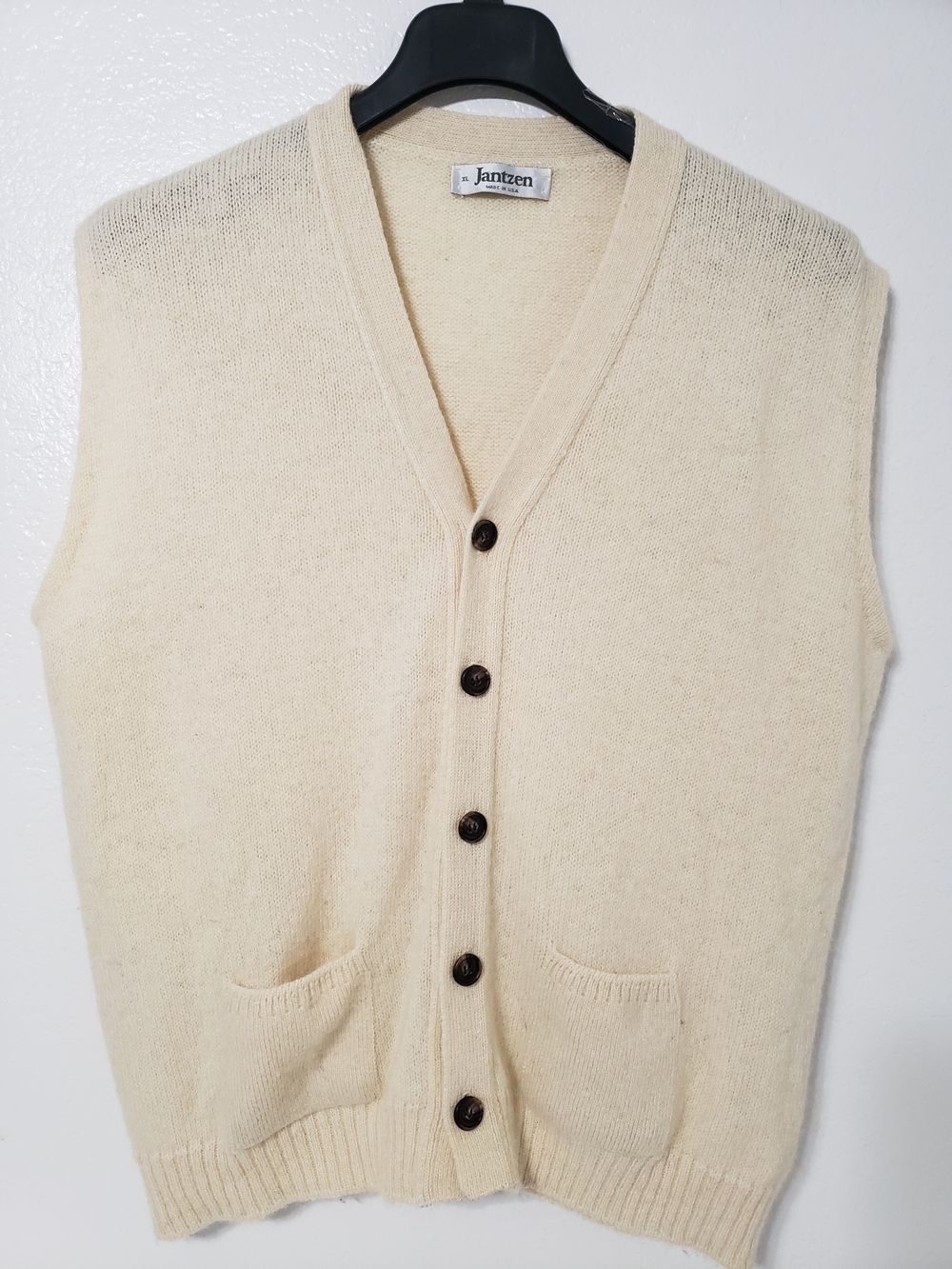 Vtg Jantzen XL Made USA Cream Knit Button Sweater Vest Mr Rogers Grandpa Core